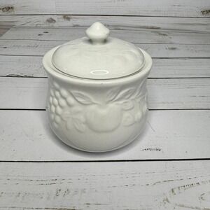 Gibson Stoneware White‎ Embossed Raised Fruit Design Sugar Bowl With Lid